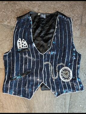 MODA Navy Sequin Pinstripe Vest with Embellished Motifs